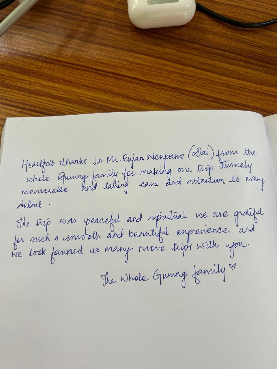 Handwritten note from Gurung Family