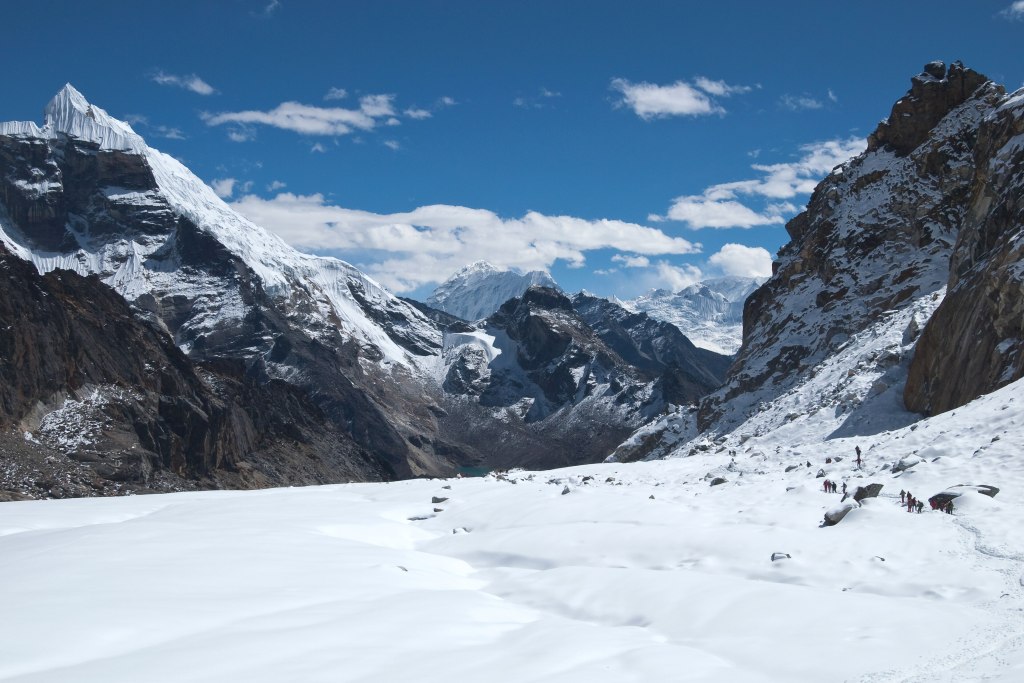 The snow field on Cho La pass, looking east over the Everest region